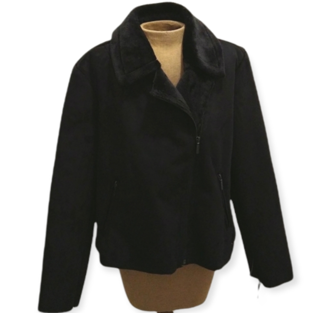 Collection B. Faux Shearling Motor Biker Jacket in Black